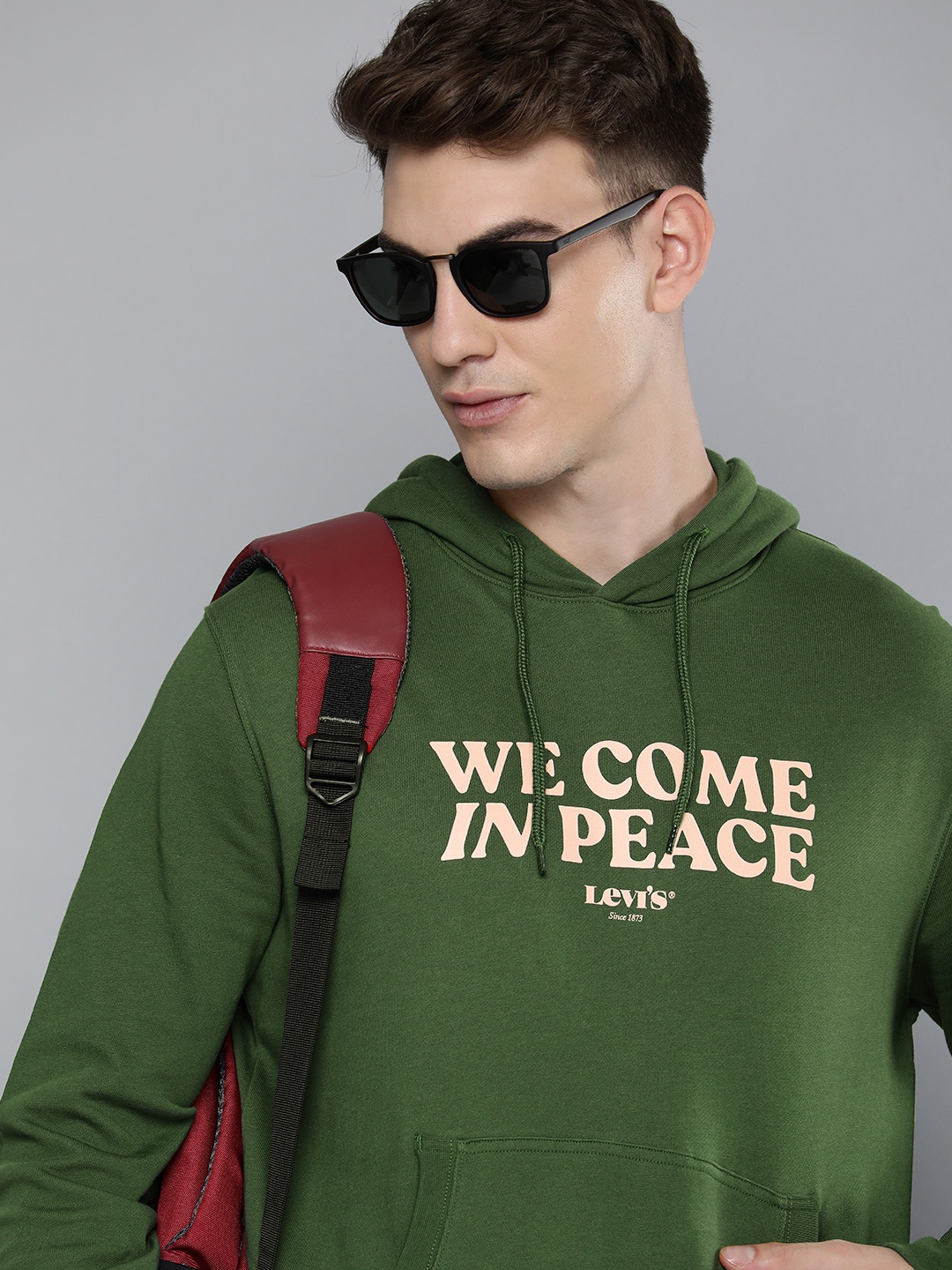 

Levis Men Green Printed Hooded Pure Cotton Sweatshirt