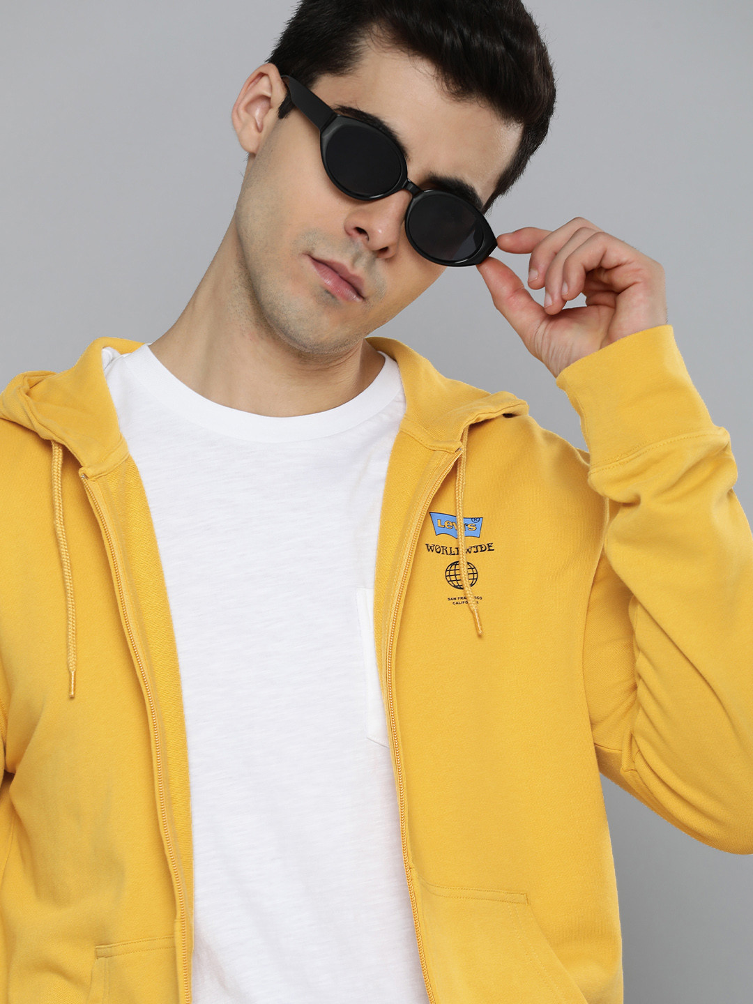 

Levis Men Mustard Yellow Print Detail Hooded Front-Open Pure Cotton Sweatshirt