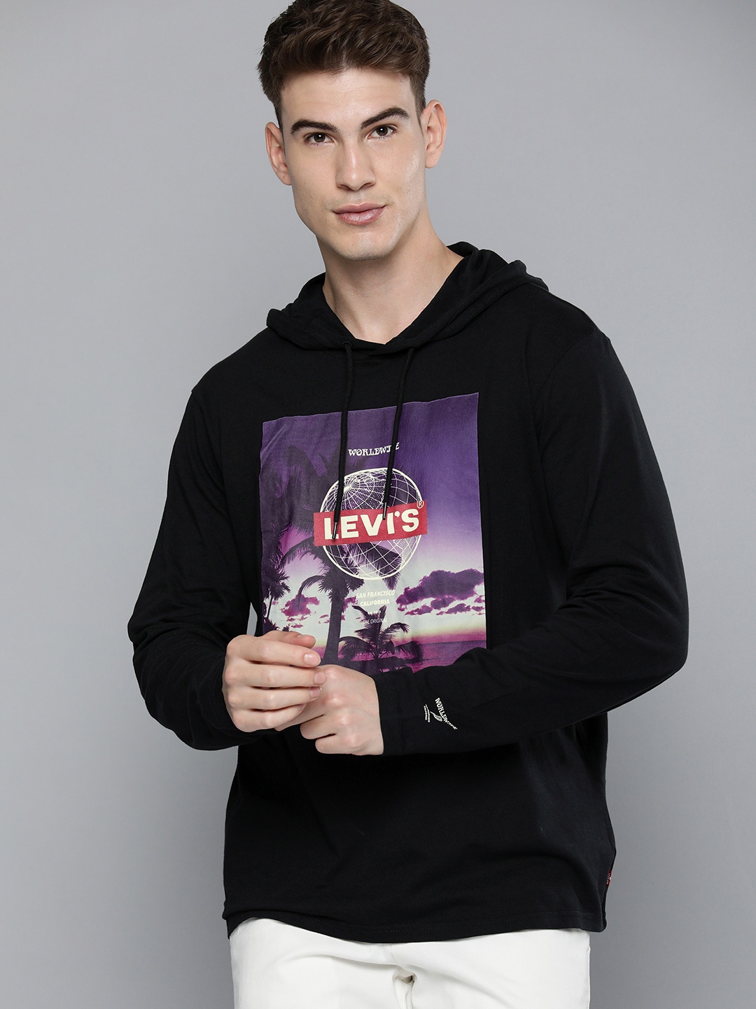 

Levis Men Black Graphic Printed Slim Fit Pure Cotton Pullover Hooded Sweatshirt