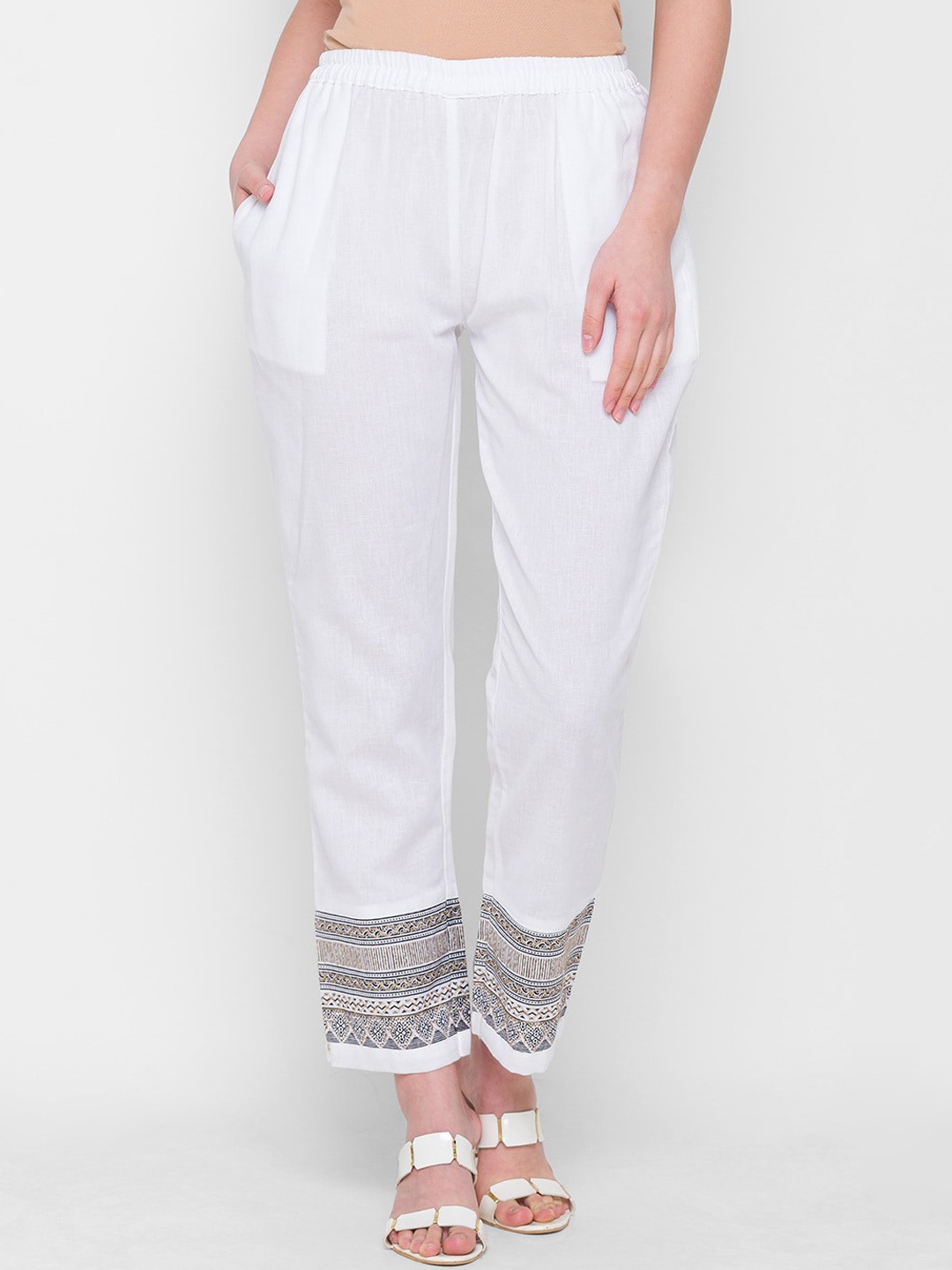 

ZOLA Women White Ethnic Motifs Pleated Trousers