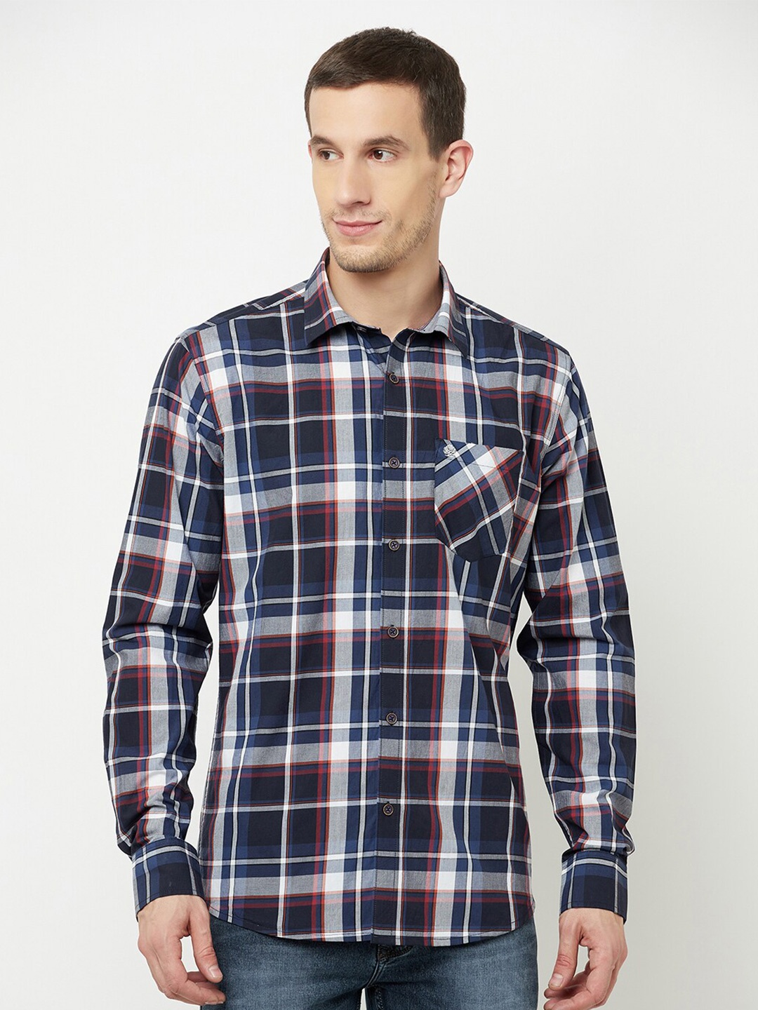 

METTLE Men Navy Blue Tartan Checked Casual Shirt