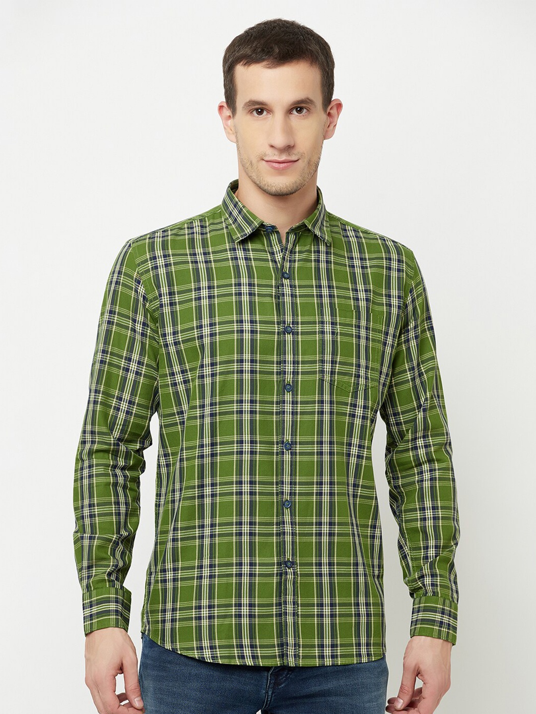 

METTLE Men Olive Green Tartan Checks Checked Casual Shirt