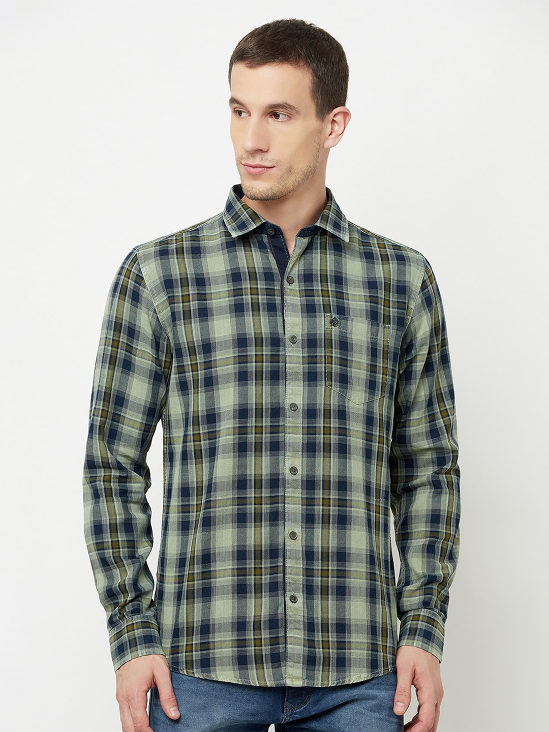 

METTLE Men Olive Green Tartan Checked Casual Shirt