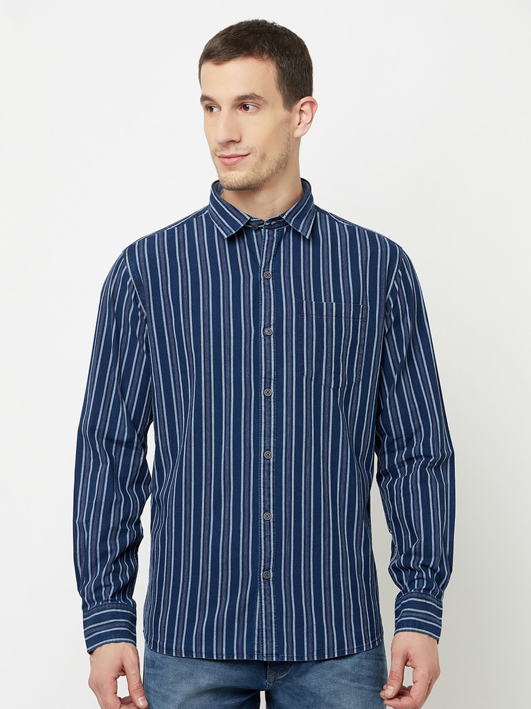 

METTLE Men Blue Striped Casual Shirt