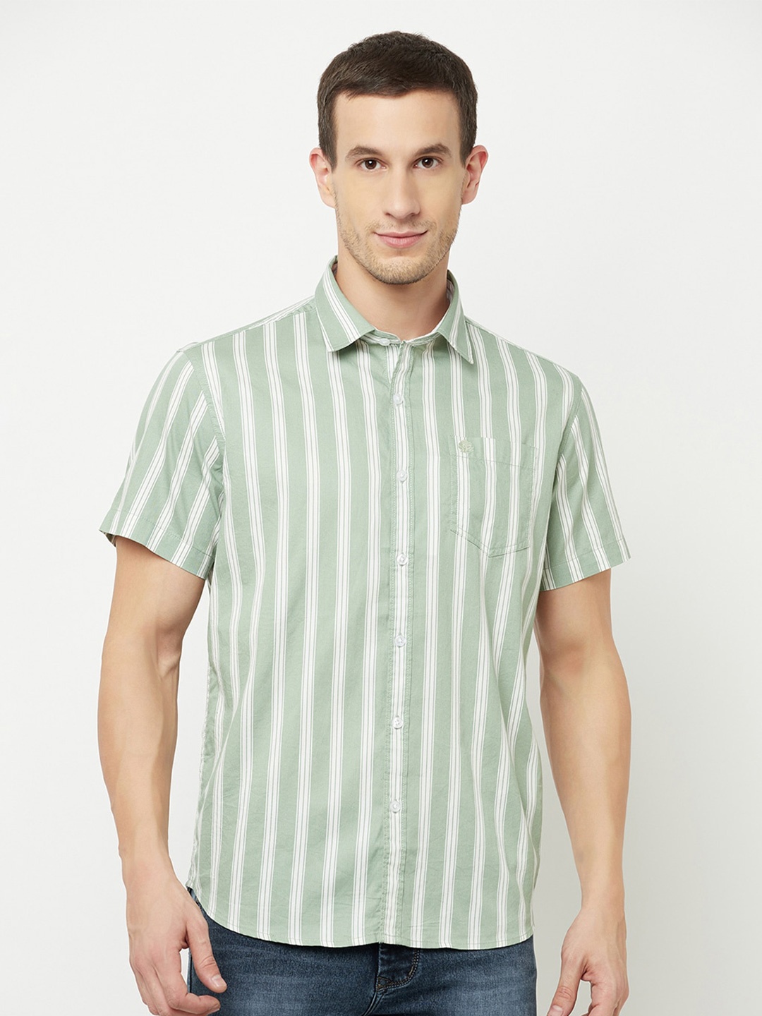 

METTLE Men Olive Green Striped Half Sleeved Casual Shirt