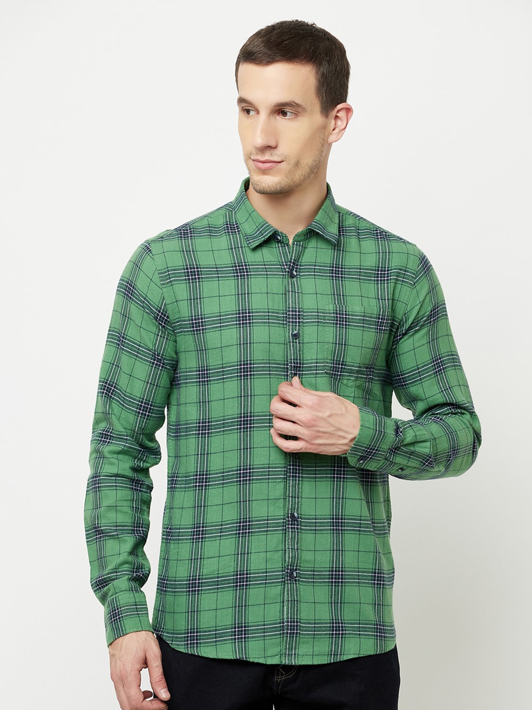 

METTLE Men Olive Green Tartan Checks Checked Casual Shirt