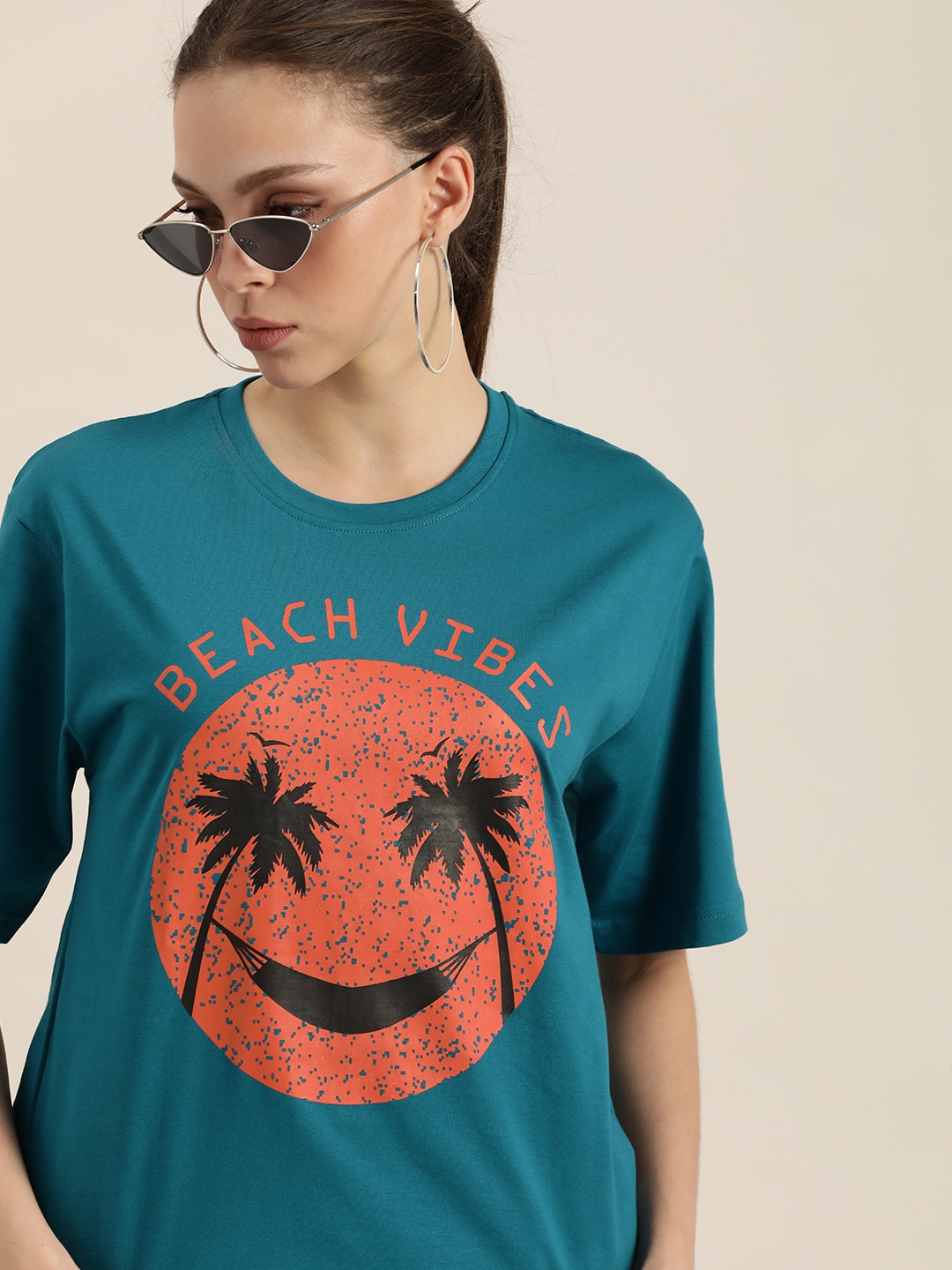 

DILLINGER Teal Blue & Rust Orange Tropical Printed Cotton Oversized Longline T-shirt