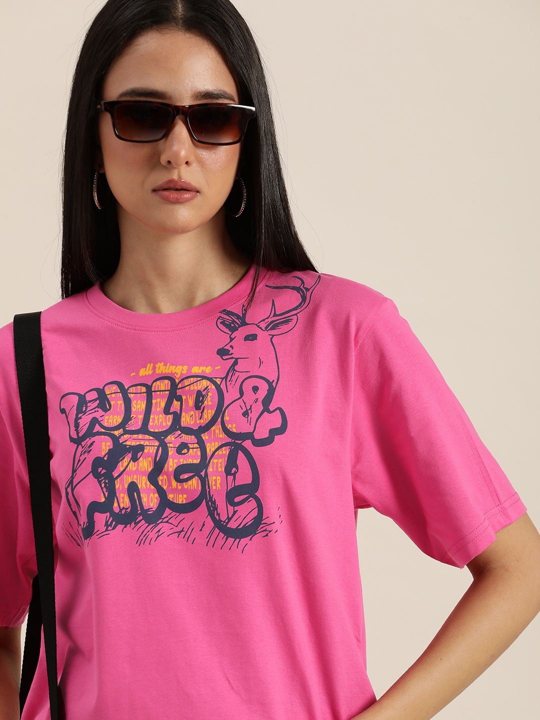 

DILLINGER Women Pink & Navy Blue Typography Printed Cotton Oversized Longline T-shirt