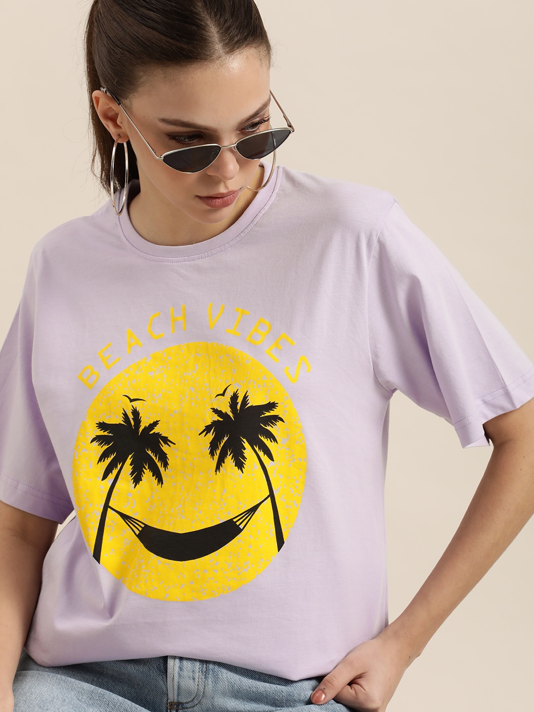 

DILLINGER Women Lavender & Yellow Tropical Printed Cotton Oversized Longline T-shirt