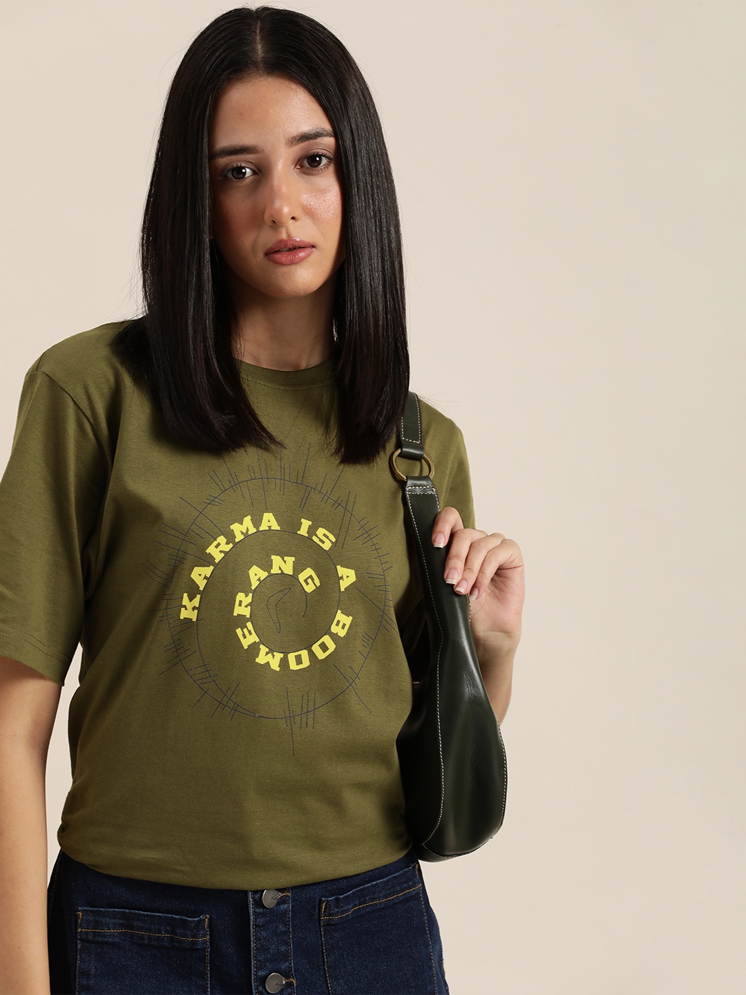 

DILLINGER Olive Green & Mustard Yellow Typography Print Cotton Oversized Longline T-shirt