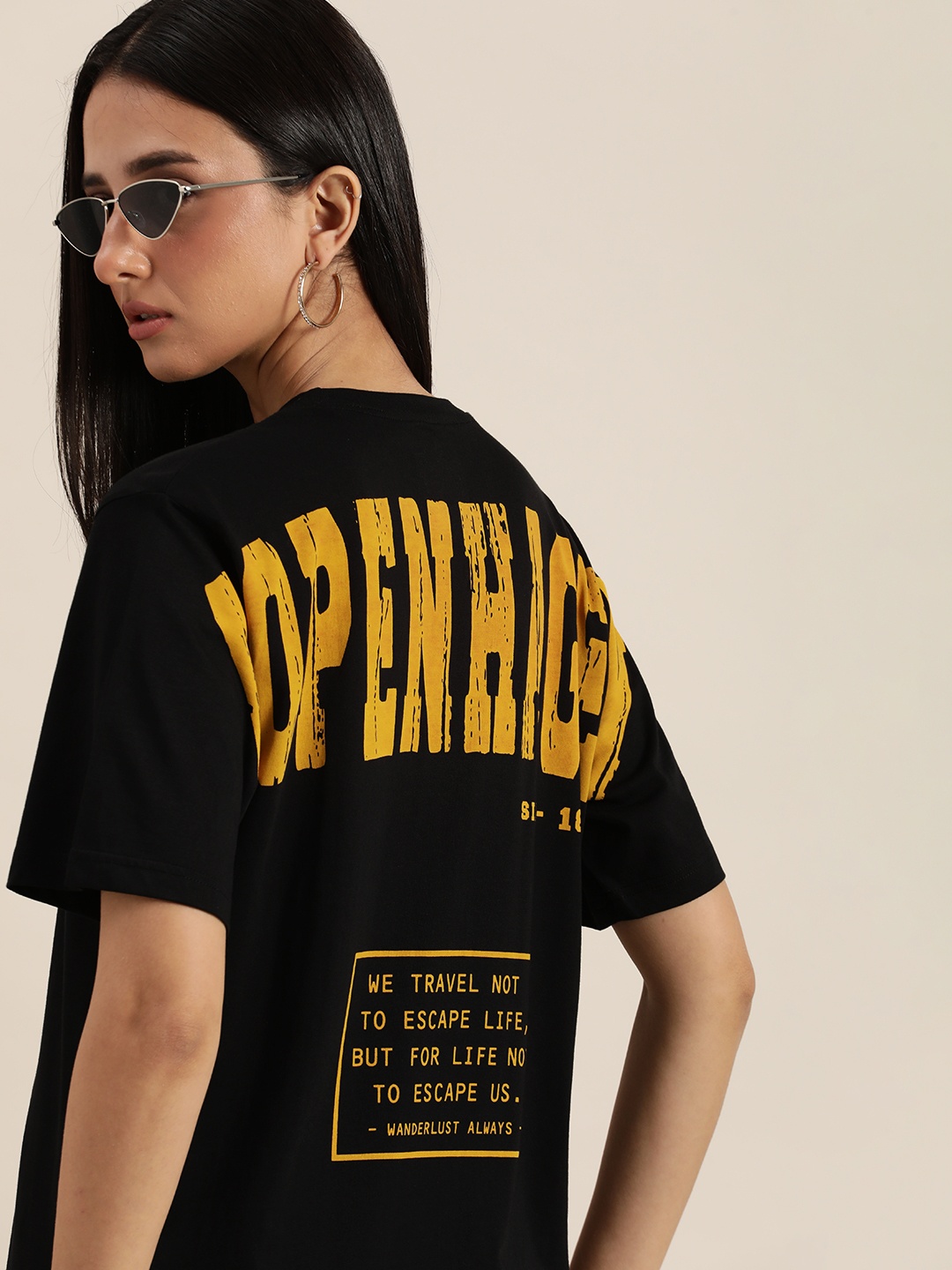 

DILLINGER Black & Mustard Yellow Back Typography Print Cotton Oversized Longline T-shirt