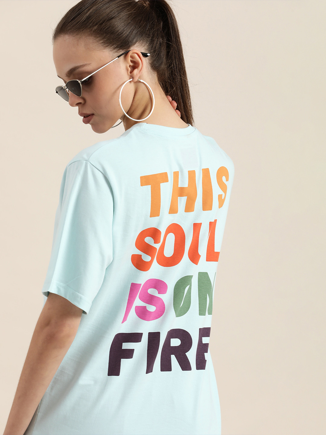 

DILLINGER Women Blue Typography Printed Drop-Shoulder Sleeves Pure Cotton Oversized T-shirt