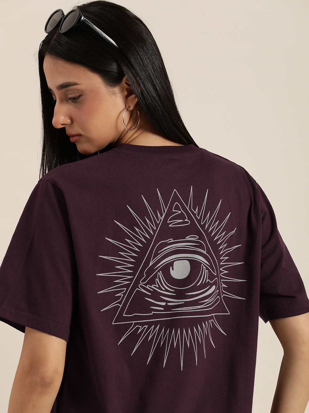 

DILLINGER Women Aubergine & Grey Back Graphic Print Cotton Oversized Longline T-shirt, Purple
