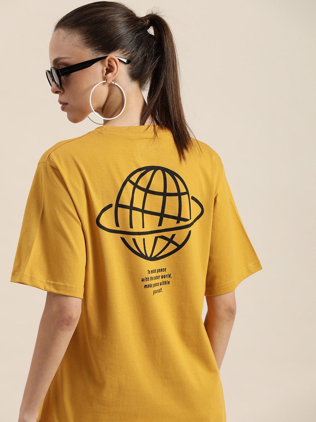 

DILLINGER Women Mustard Yellow Printed Drop-Shoulder Sleeves Oversized T-shirt