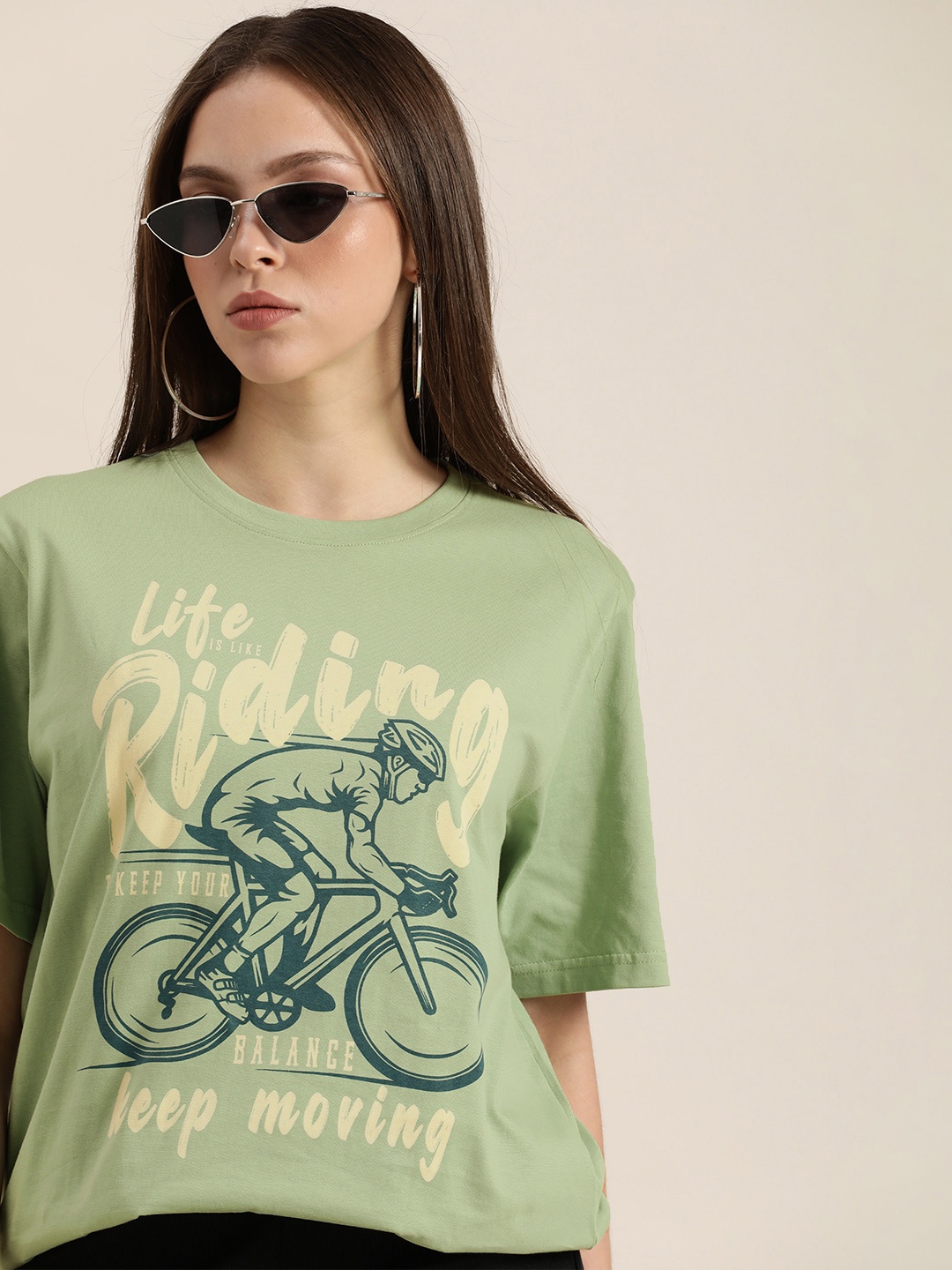 

DILLINGER Women Green & Yellow Graphic Print Cotton Oversized Longline T-shirt