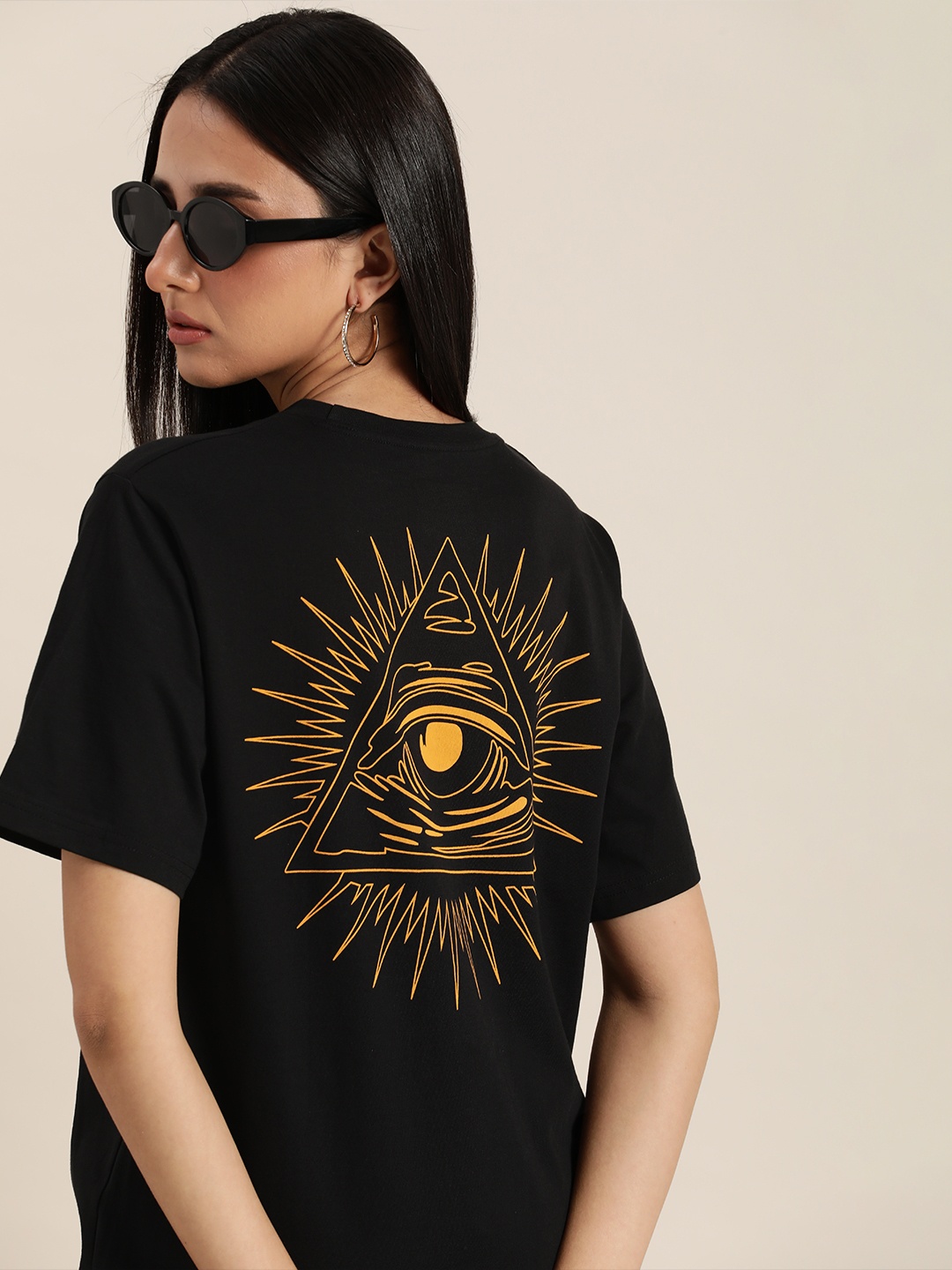 

DILLINGER Black & Mustard Yellow Back Graphic Print Cotton Oversized Longline T-shirt