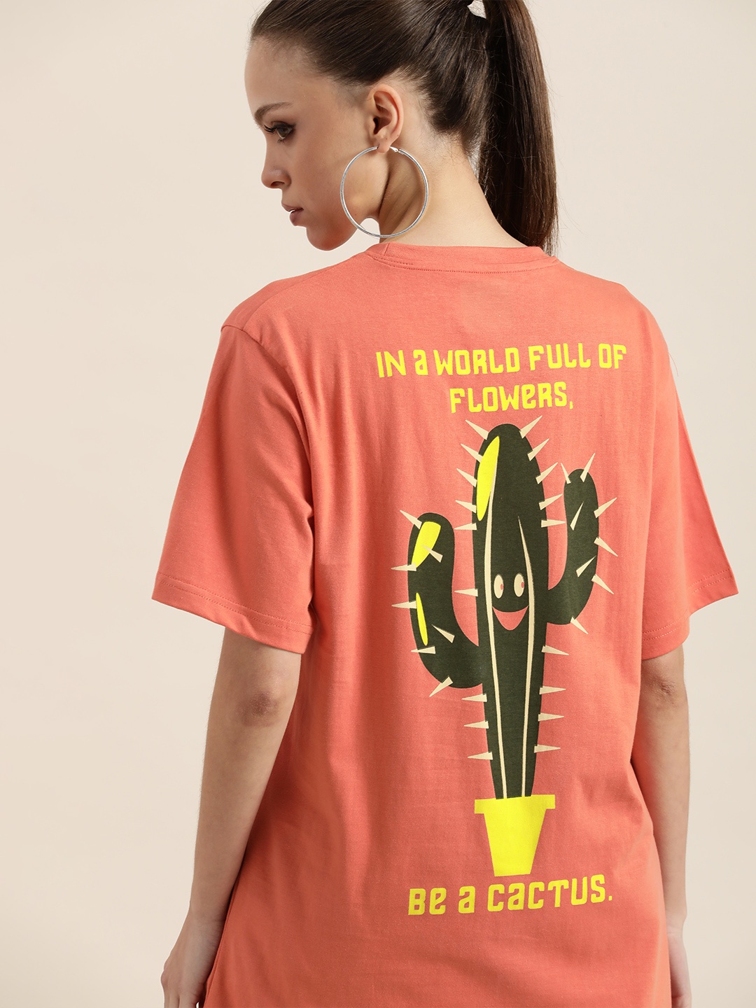 

DILLINGER Women Coral & Green Printed Drop-Shoulder Sleeves Pure Cotton Oversized T-shirt