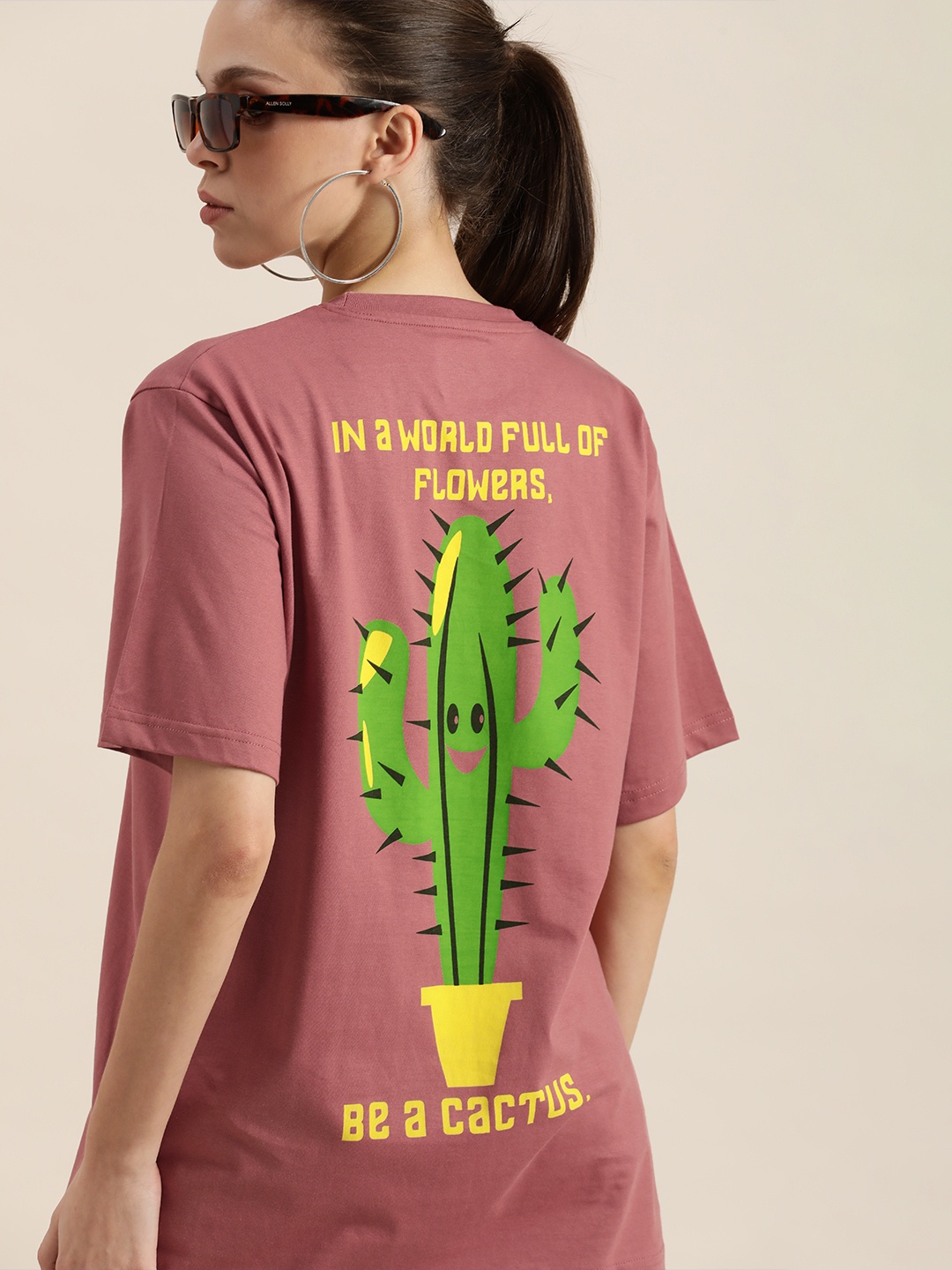 

DILLINGER Women Dusty Pink & Green Back Graphic Printed Cotton Oversized Longline T-shirt, Rose