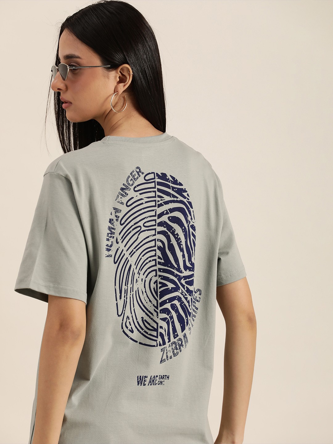 

DILLINGER Grey & Navy Blue Back Graphic Printed Cotton Oversized Longline T-shirt
