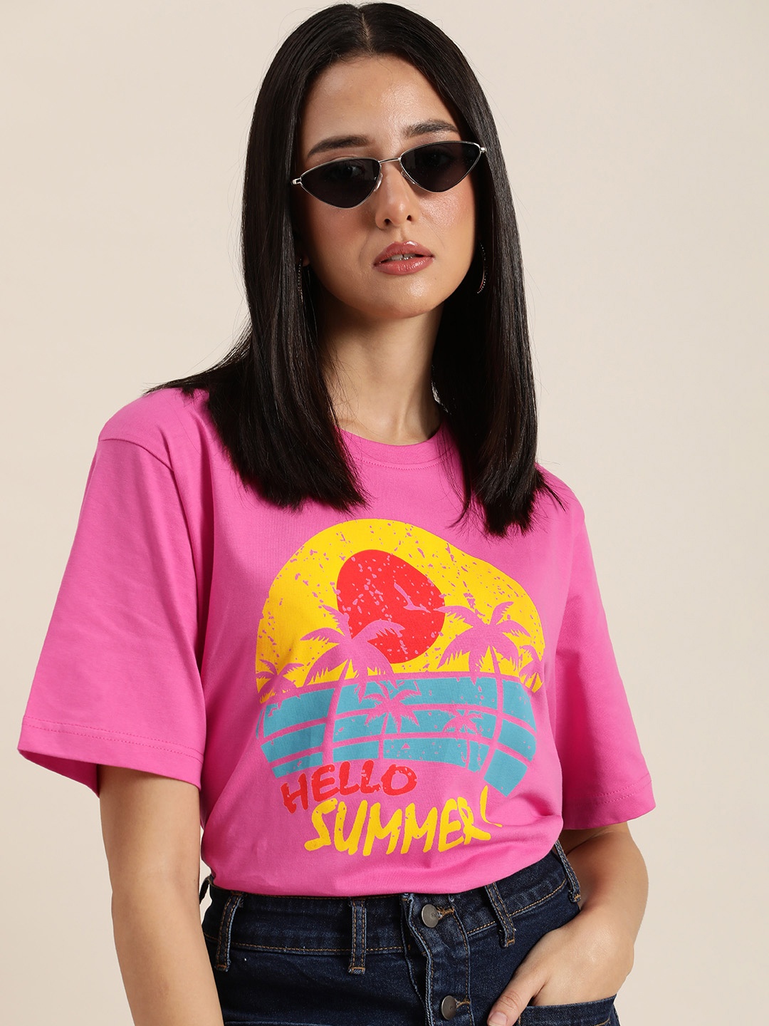 

DILLINGER Women Pink & Yellow Tropical Printed Cotton Oversized Longline T-shirt