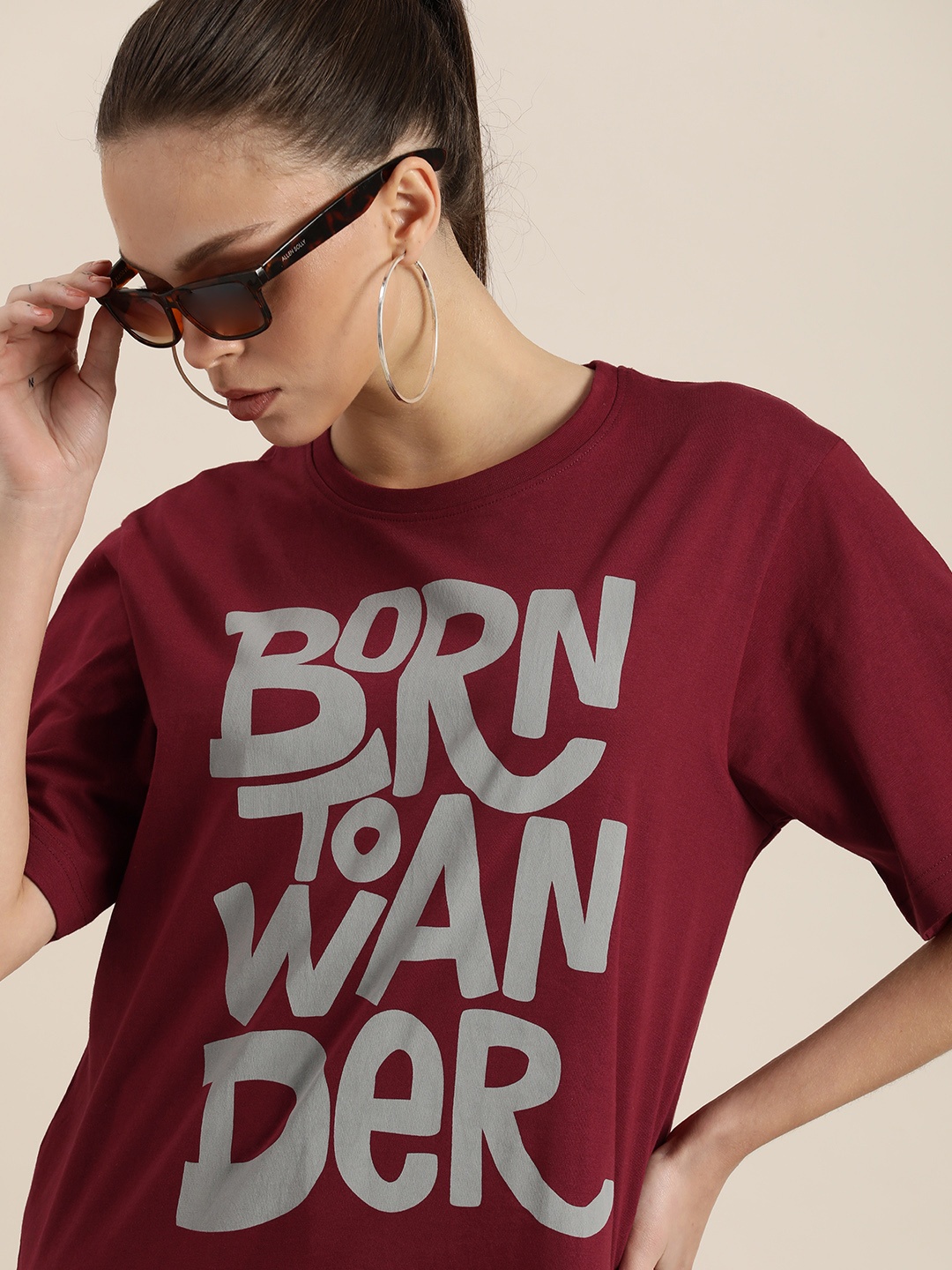 

DILLINGER Women Maroon & Grey Typography Printed Drop-Shoulder Sleeves Loose T-shirt