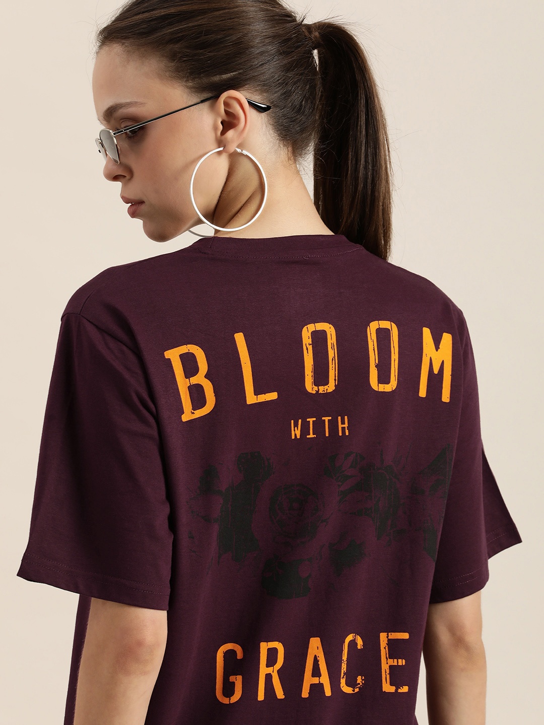 

DILLINGER Aubergine & Orange Back Typography Printed Cotton Oversized Longline T-shirt, Purple