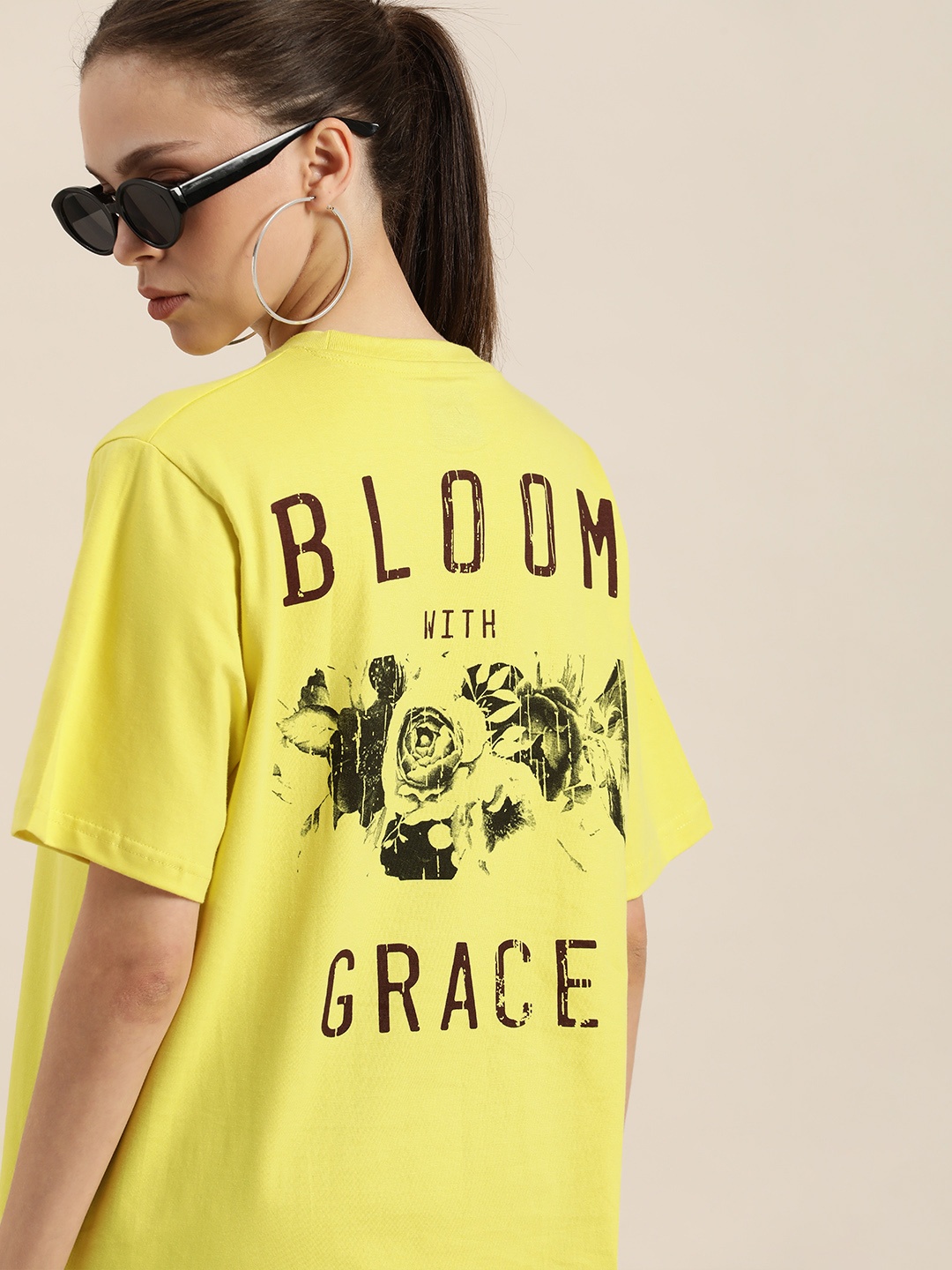 

DILLINGER Yellow & Black Back Graphic Printed Cotton Oversized Longline T-shirt