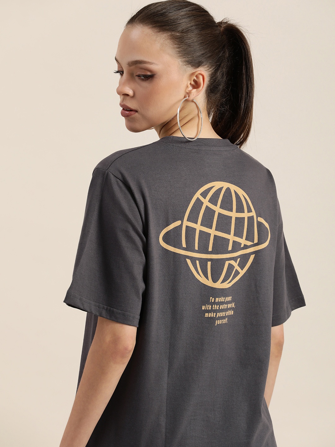 

DILLINGER Women Charcoal Printed Drop-Shoulder Sleeves Pure Cotton Loose T-shirt