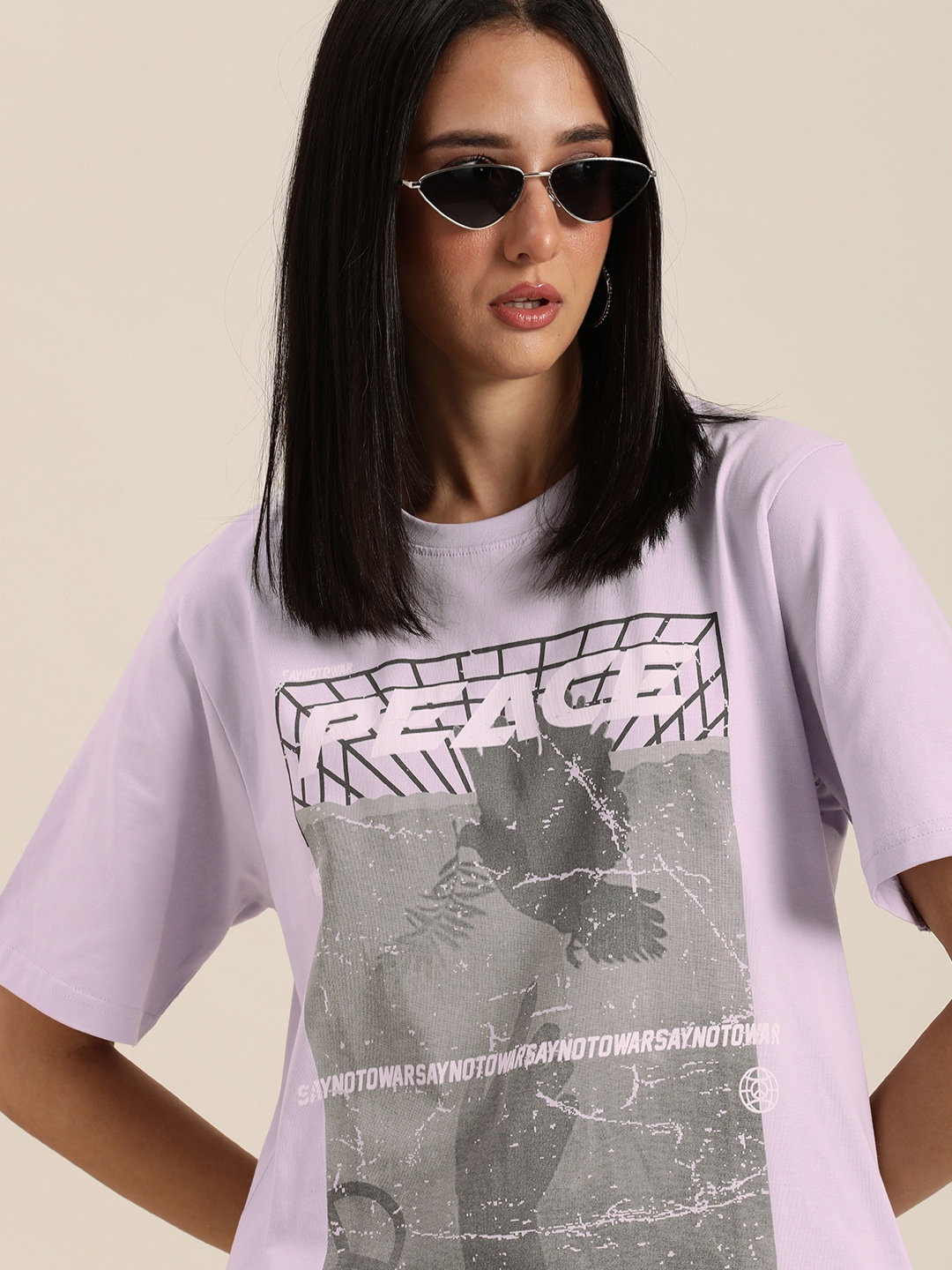 

DILLINGER Women Lavender & Grey Graphic Print Cotton Oversized Longline T-shirt