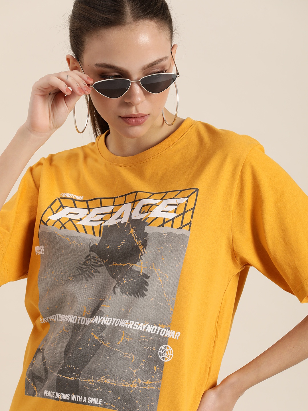 

DILLINGER Mustard Yellow & Grey Graphic Print Cotton Oversized Longline T-shirt