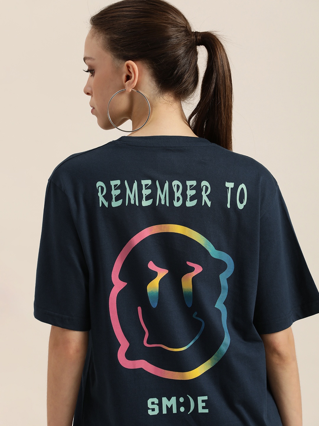 

DILLINGER Navy Blue & Green Back Graphic Print Cotton Oversized Longline T-shirt