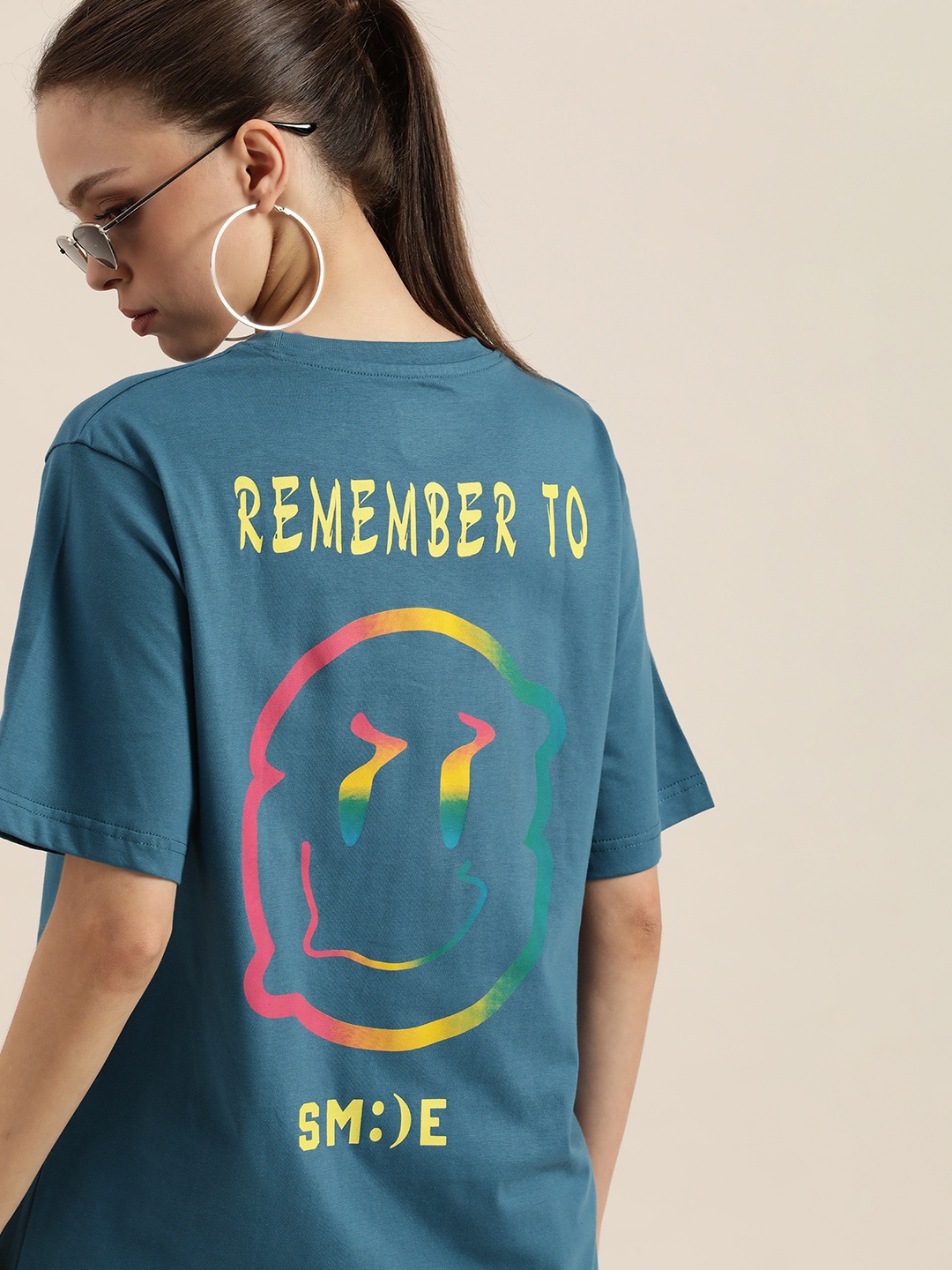 

DILLINGER Teal Blue & Pink Back Graphic Printed Cotton Oversized Longline T-shirt