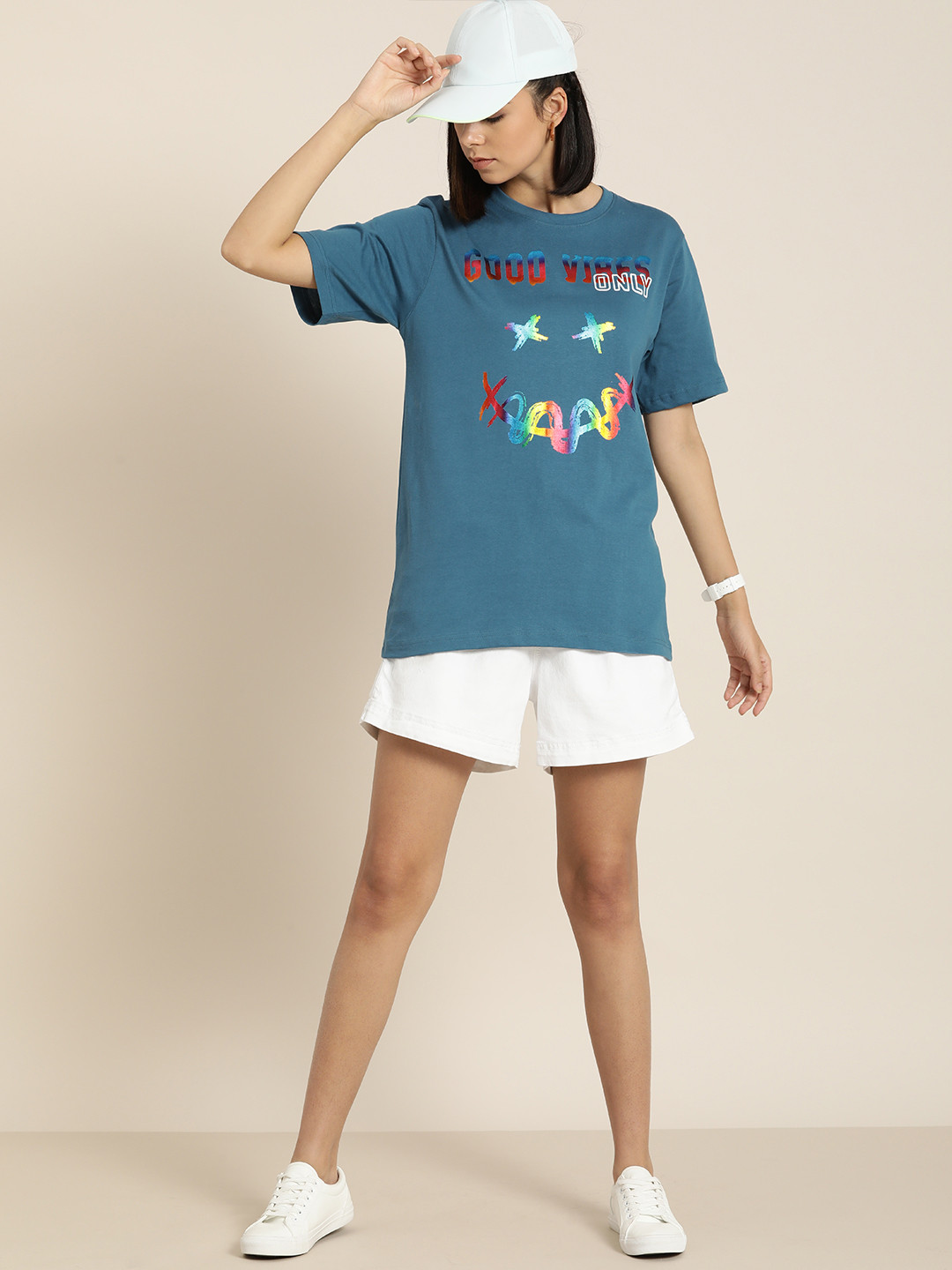 

Difference of Opinion Teal Blue & Red Typography Print Oversized Cotton Longline T-shirt
