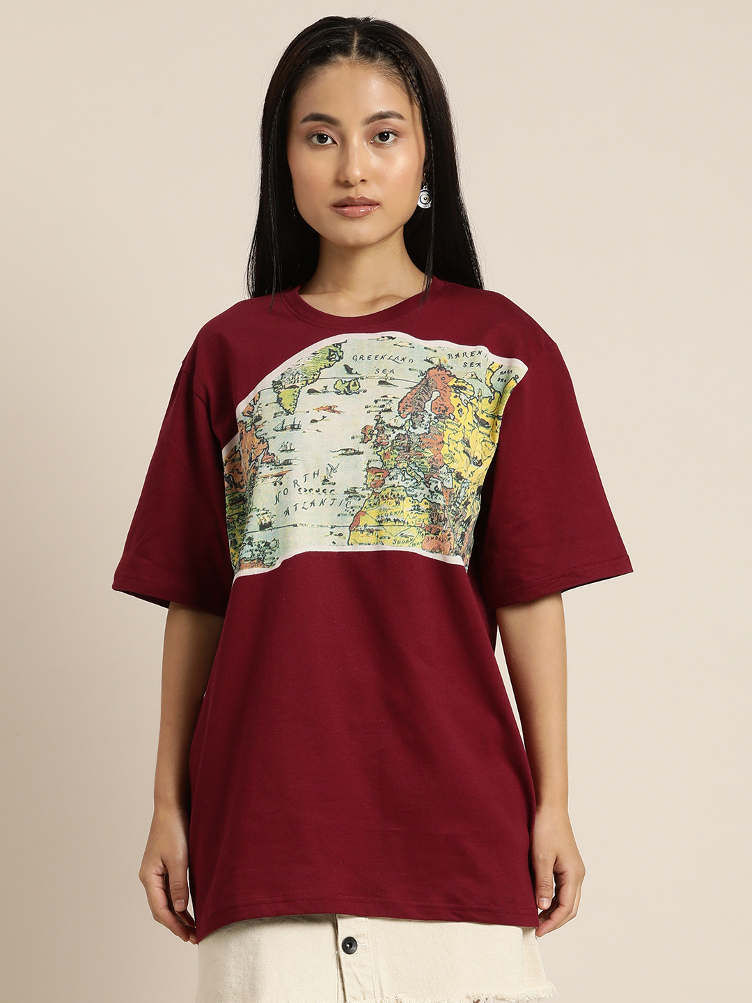 

Difference of Opinion Women Maroon & Cream-Coloured Printed Drop-Shoulder Sleeves Pure Cotton Oversized T-shirt