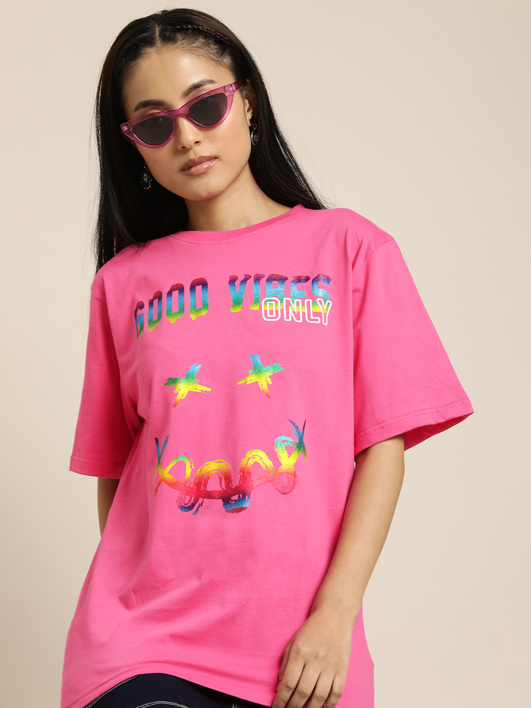 

Difference of Opinion Women Fuchsia Printed Drop-Shoulder Sleeves Pure Cotton Oversized T-shirt