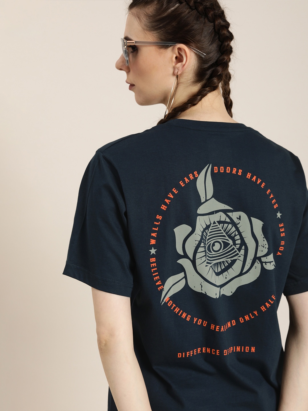

Difference of Opinion Women Navy Blue Printed Pure Cotton Oversized T-shirt