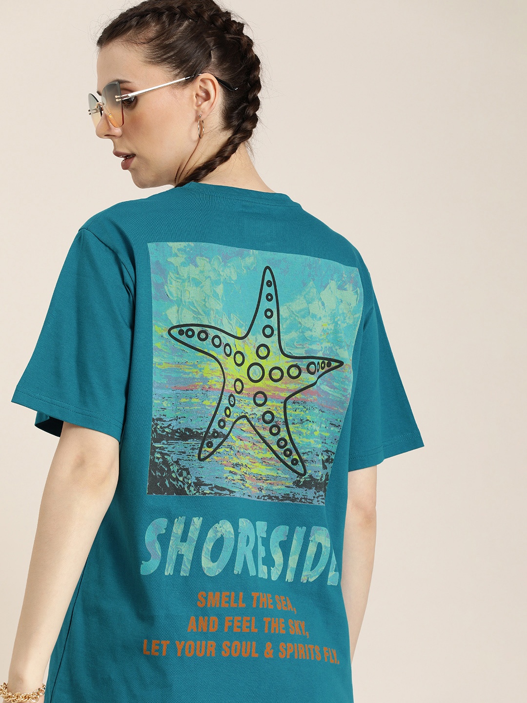 

Difference of Opinion Women Blue Printed Pure Cotton Oversized T-shirt
