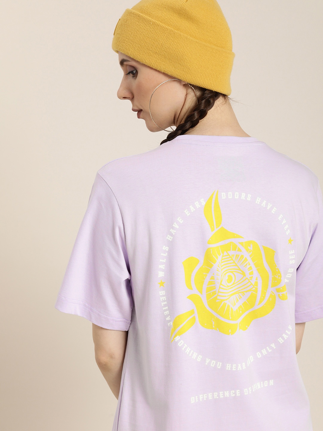 

Difference of Opinion Women Lavender Printed Pure Cotton Oversized T-shirt