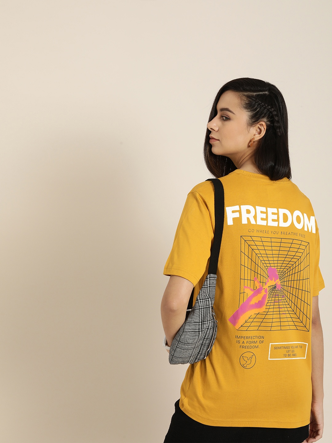 

Difference of Opinion Mustard Yellow Back Graphic Print Oversized Longline Cotton T-shirt