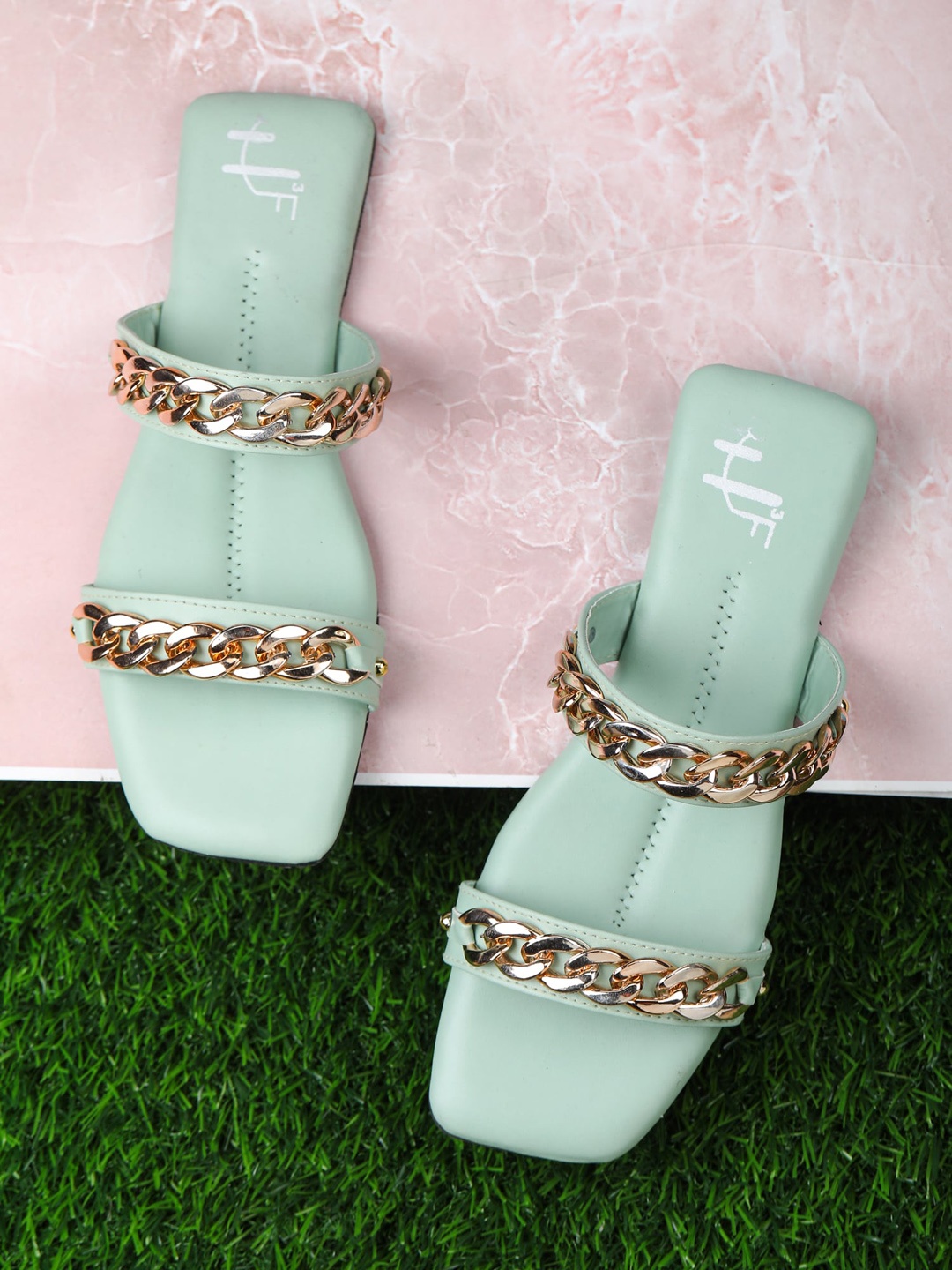 

H3F Women Green & Gold-Toned Chain Design Open Toe Flats