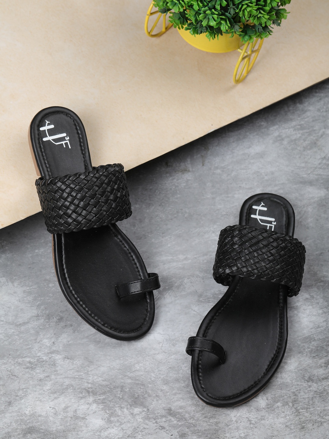 

H3F Women Black Basketweave One Toe Flats