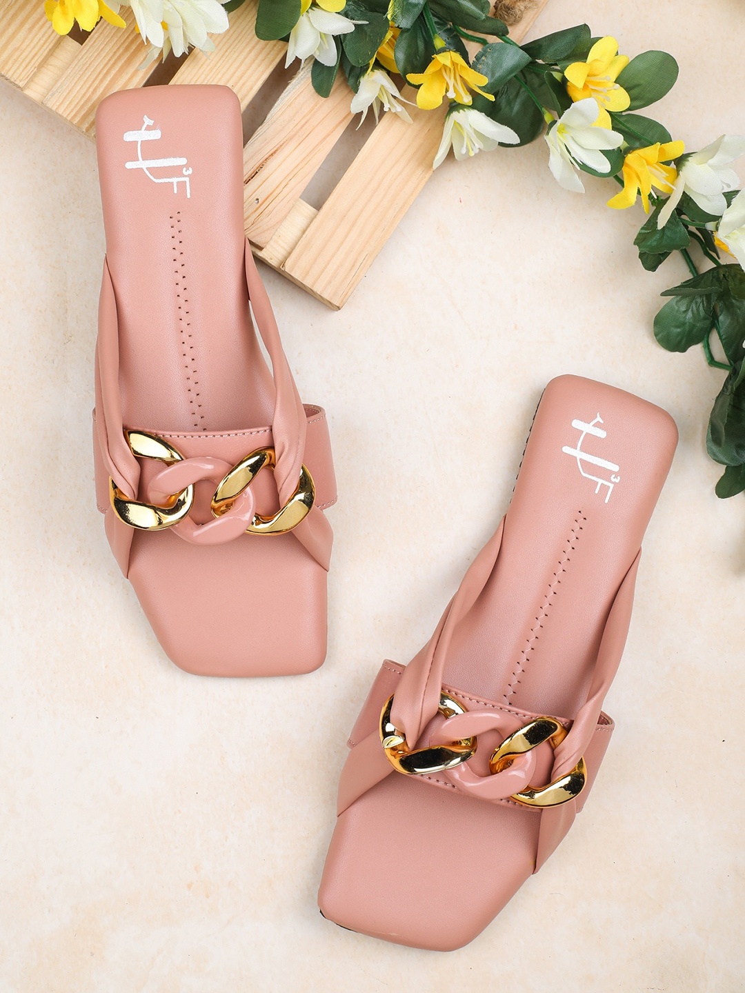 

H3F Women Pink & Gold-Toned Chain Design Open Toe Flats