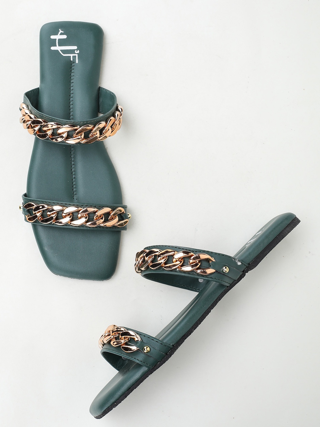

H3F Women Green & Gold-Toned Chain Design Open Toe Flats