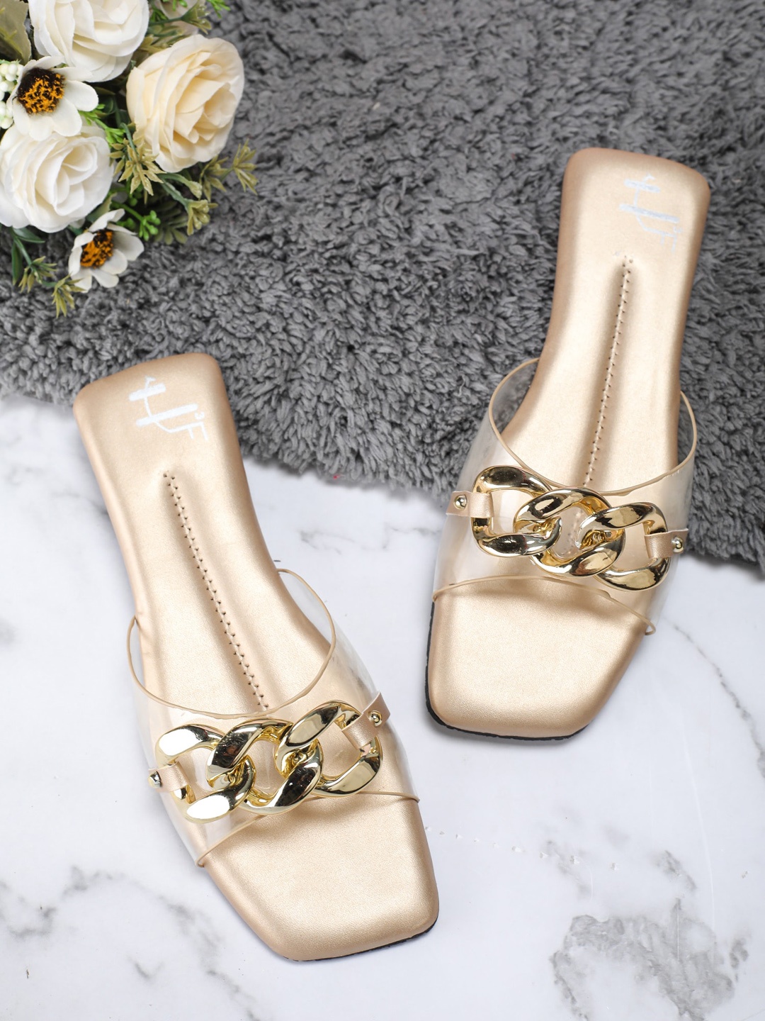 

H3F Women Gold-Toned Chain Design Open Toe Flats