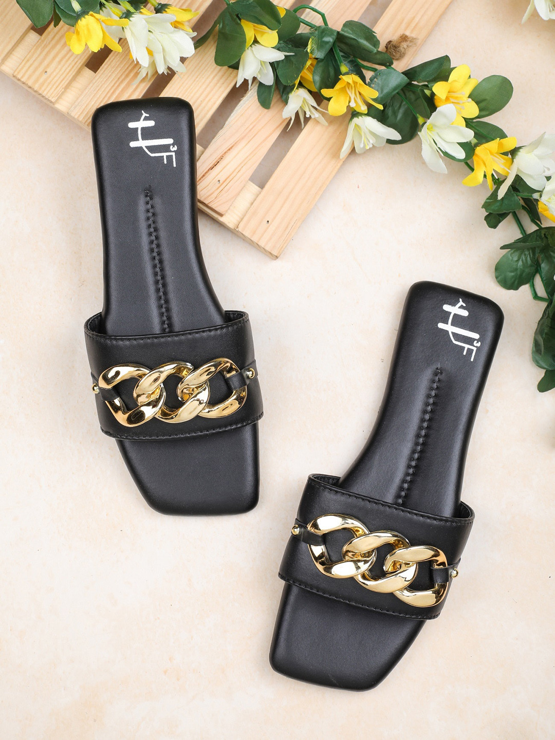 

H3F Women Black & Gold-Toned Chain Design Open Toe Flats