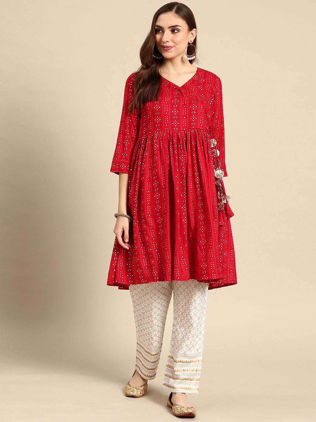 

Prakhya Women Red Ethnic Motifs Printed Angrakha Kurta with Trousers