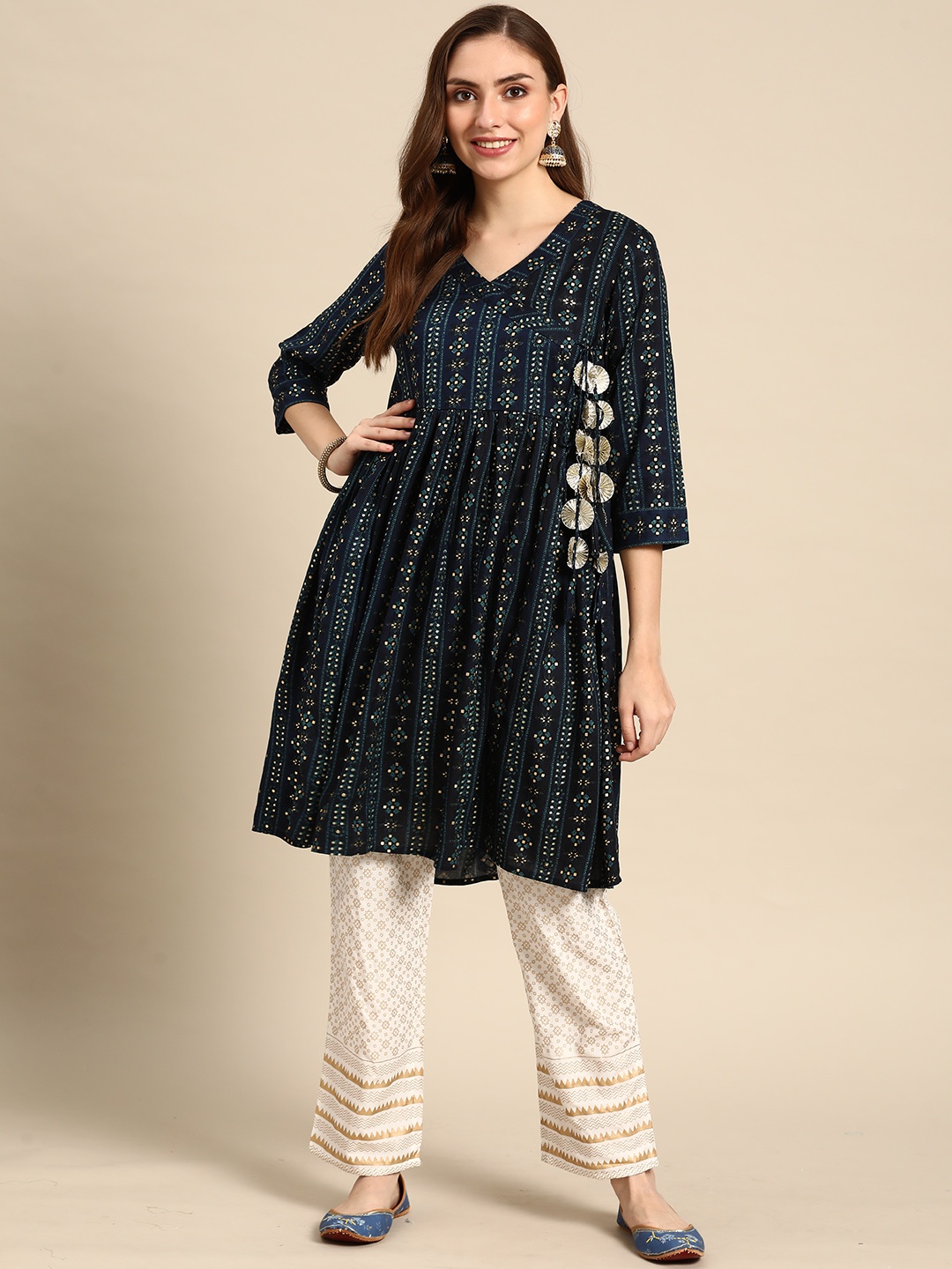 

Prakhya Women Navy Blue Ethnic Motifs Printed Angrakha Kurta with Trousers