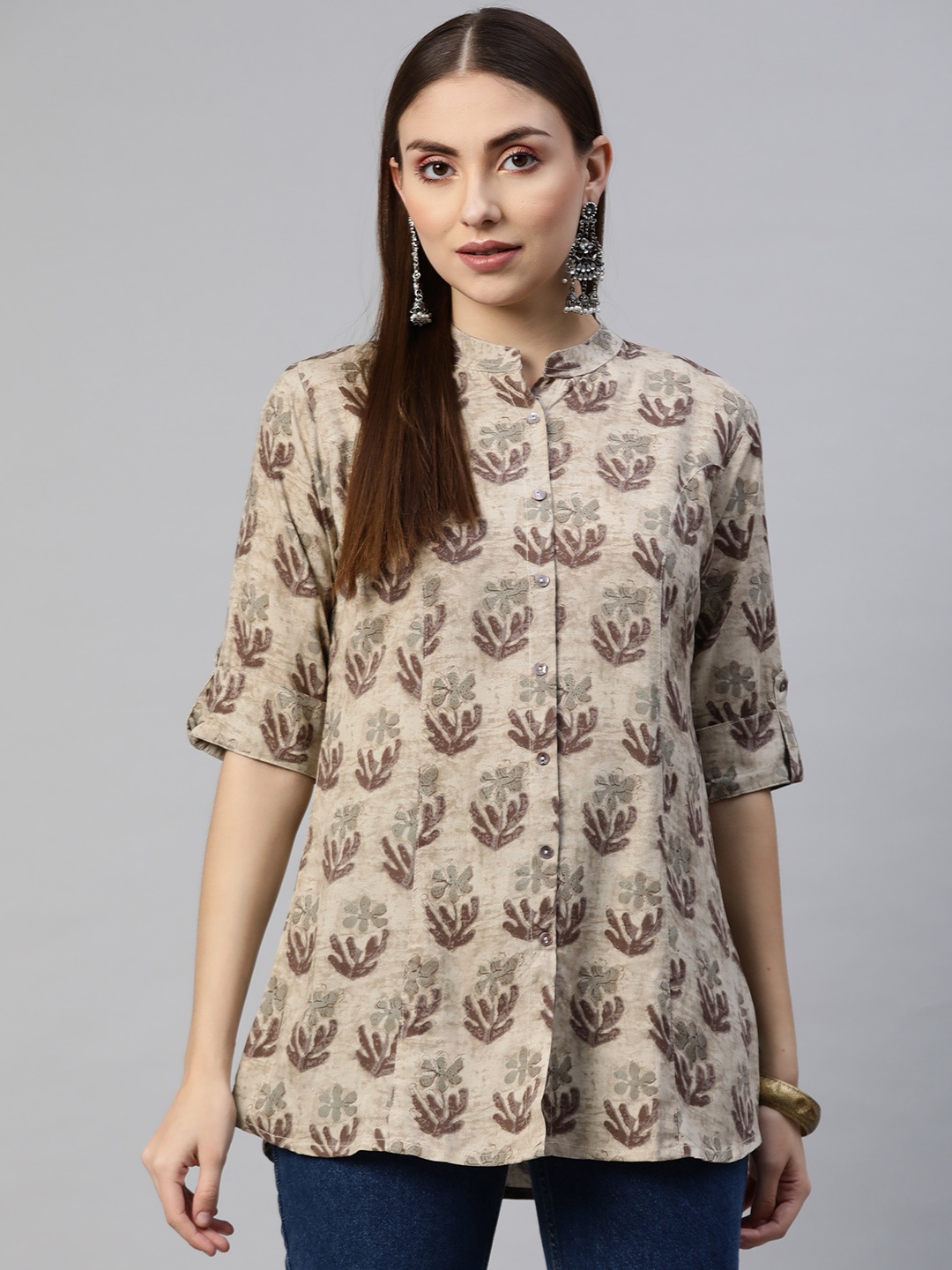 

Divena Brown Floral Print Mandarin Collar Roll-Up Sleeves Shirt Style Top