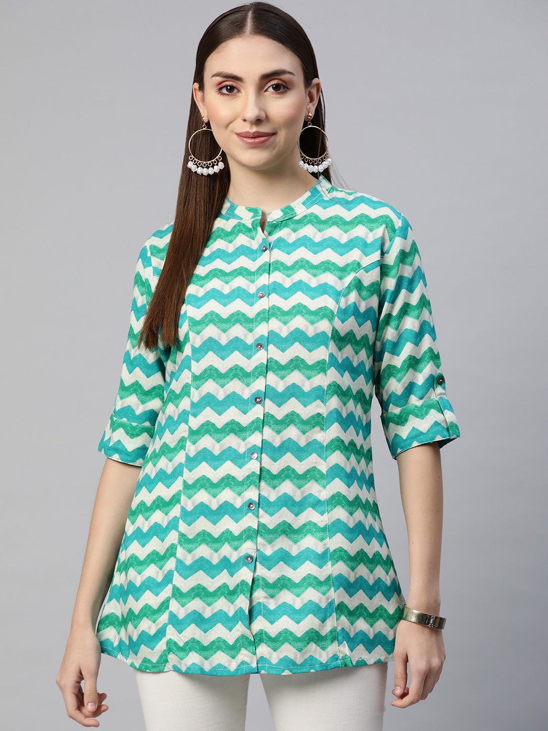 

Divena White & Blue Geometric Print Mandarin Collar Roll-Up Sleeves Shirt Style Top
