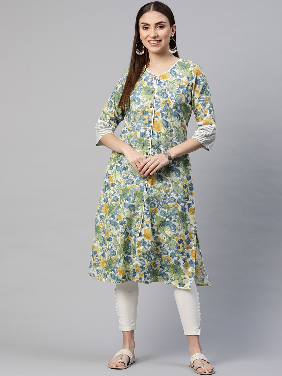 

Divena Women Green & Blue Floral Printed Cotton Kurta